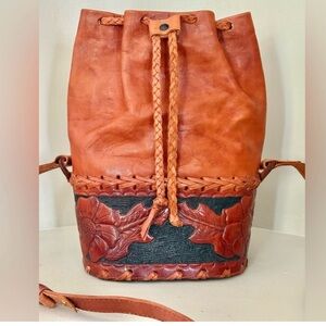 VTG Handcrafted Floral Tooled Leather Drawstring Bucket Bag